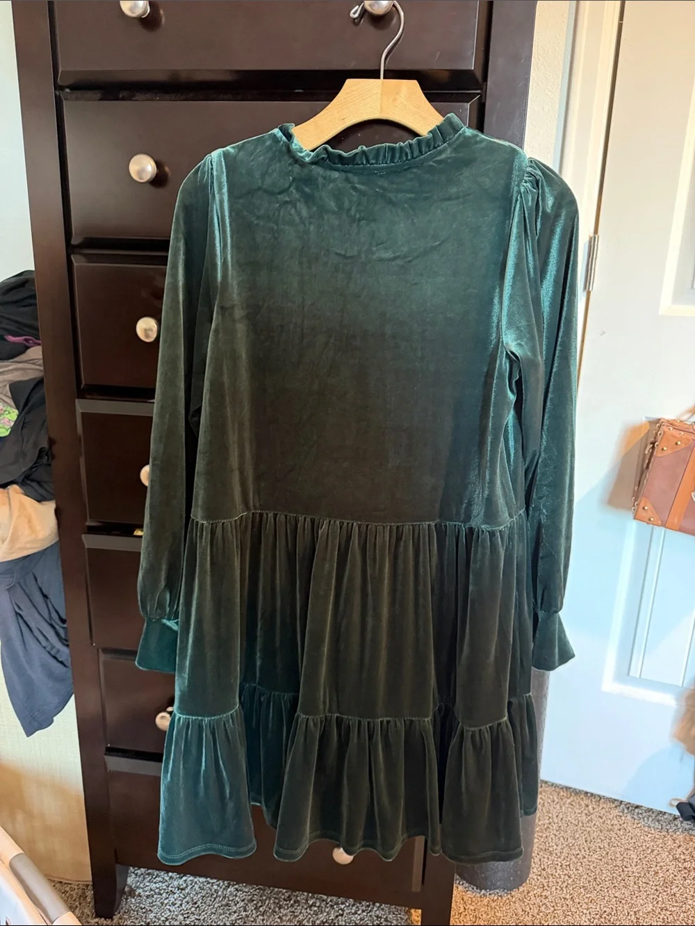 1. State Deep Green Velvet Tiered Long Sleeve Dress - Picture 5 of 5